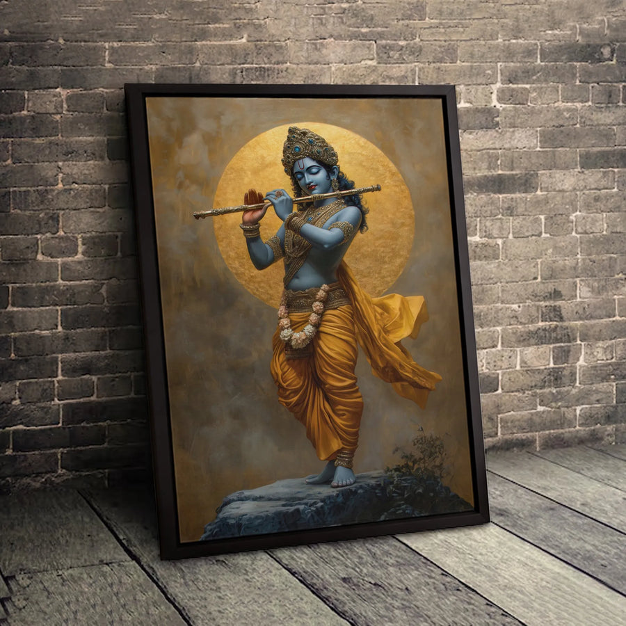 Lord Krishna Wall Art | Hindu God Playing Flute Canvas Print | Premium Fade-Resistant Gallery Wrap | Spiritual Home Decor Gift
