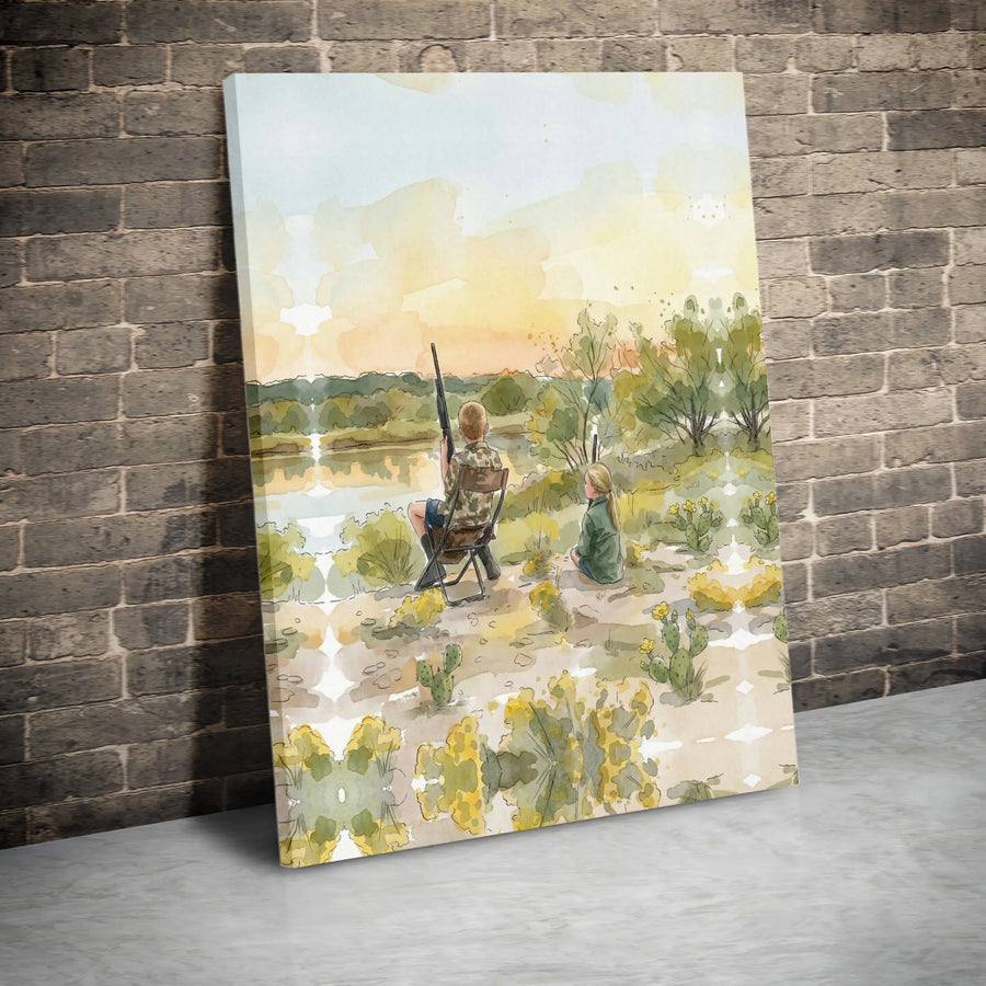 Hunting Kids Canvas Art | Watercolor Brother and Sister Painting | Premium Gallery Wrapped Print | Gift for Hunter Dad, Rustic Cabin Decor