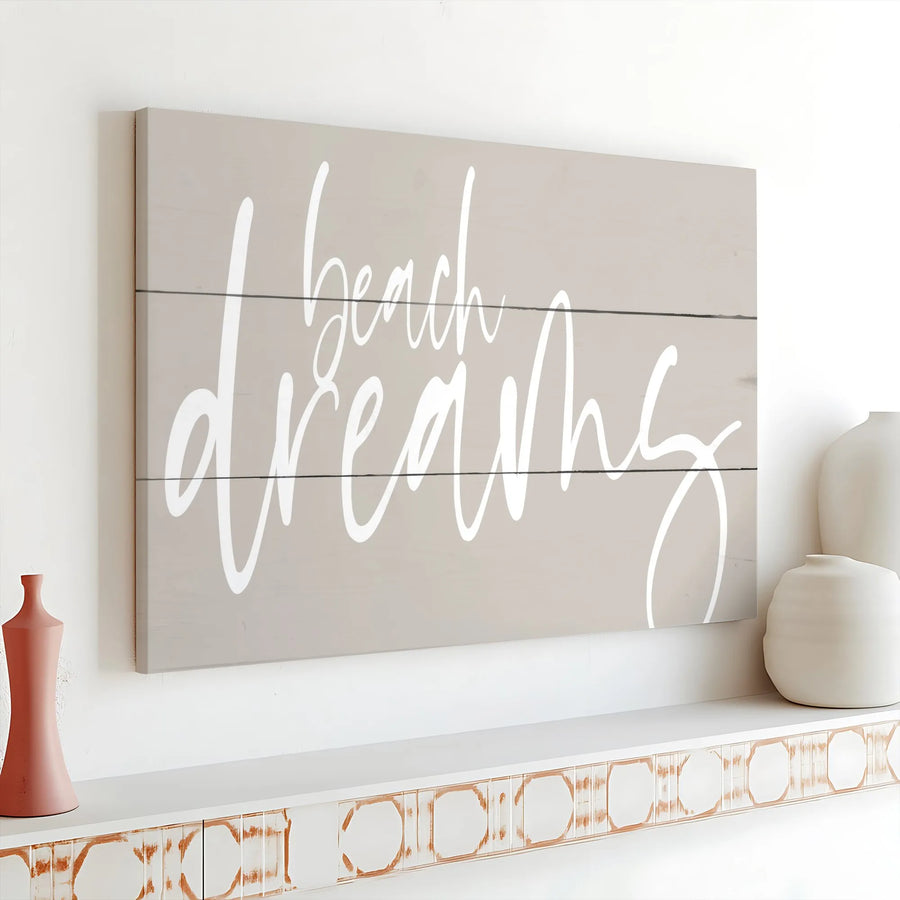 Beach Dreams Canvas Wall Art | Modern Script Quote on Faux Shiplap | Premium Canvas Print | Coastal Home Decor Gift