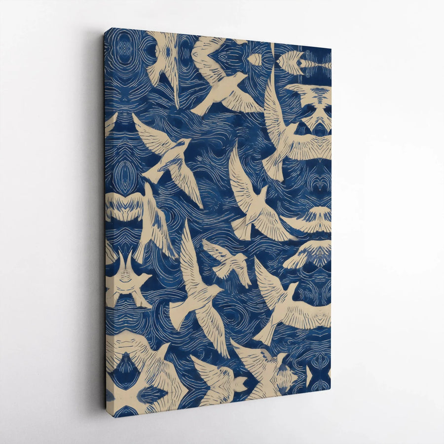 Abstract Birds Canvas Print | Woodblock Style Flock of Birds | Premium Gallery Wrapped Canvas | Modern Boho Living Room Decor Gift