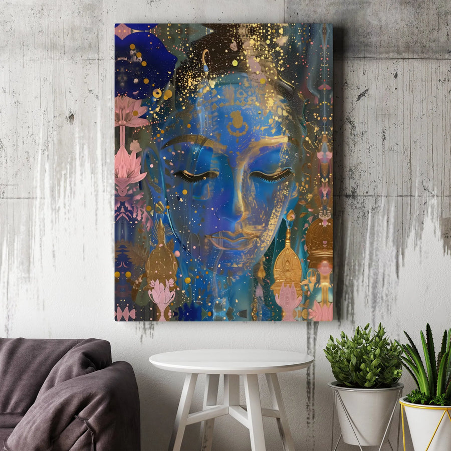 Abstract Goddess Canvas Art | Blue and Gold Spiritual Portrait | Premium Gallery Wrapped Canvas | Yoga Studio & Meditation Room Decor Gift