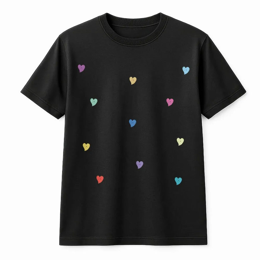 Colorful Hearts T-Shirt | Minimalist Multi-Color Heart Pattern | Premium Soft Cotton | Cute Valentines Day Gift for Her