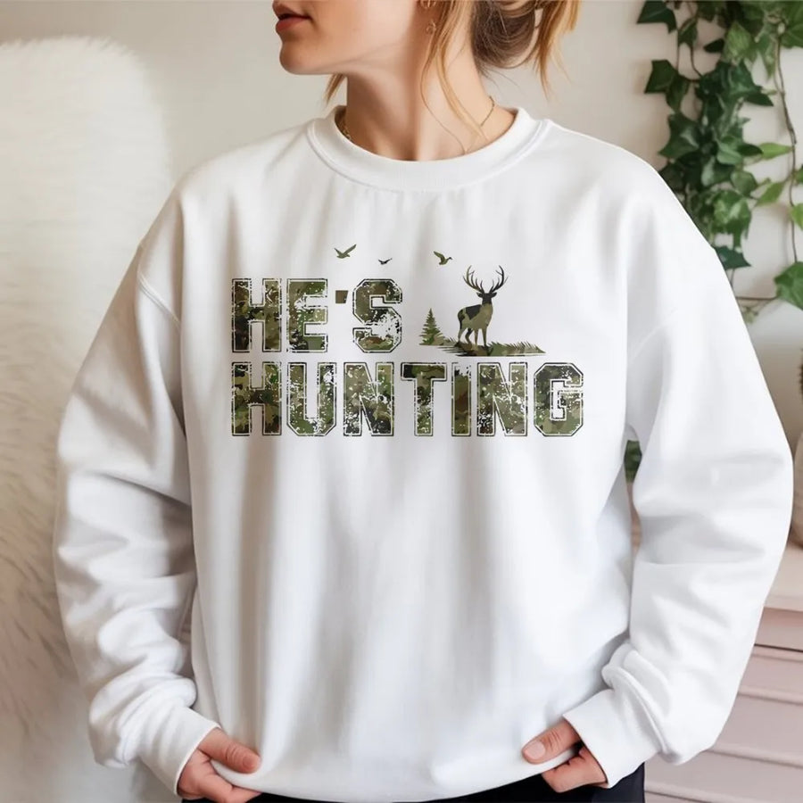 He's Hunting Sweatshirt | Camo Deer Graphic | Premium Cotton Blend | Funny Gift for Hunter Wife or Girlfriend