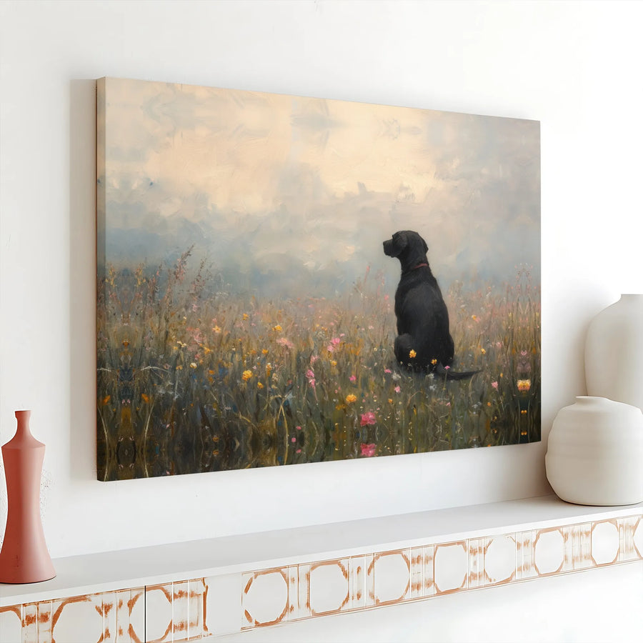 Black Labrador Canvas Wall Art | Impressionist Wildflower Meadow Portrait | Premium Gallery Wrapped Decor | Dog Lover Gift For Home Office