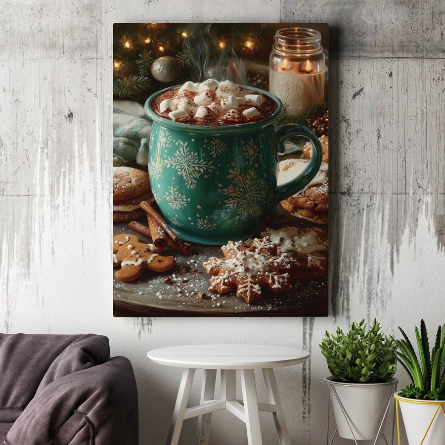 Cozy Christmas Hot Cocoa Canvas Wall Art | Festive Gingerbread & Marshmallow Mug Print | Premium Gallery Wrapped Decor | Holiday Kitchen Home Gift