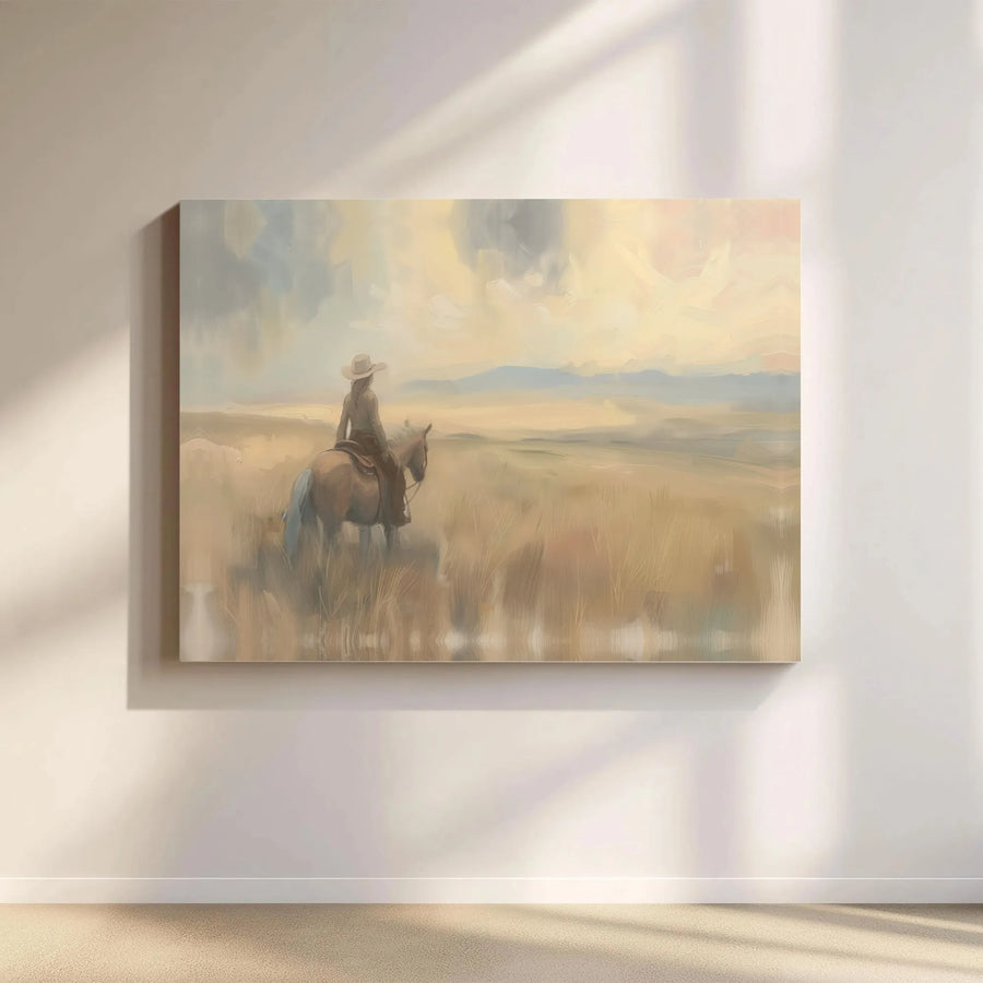Western Cowgirl Canvas Wall Art | Equestrian Landscape Oil Painting Style | Premium 1.25" Thick Gallery Wrap | Southwestern Home Decor Gift