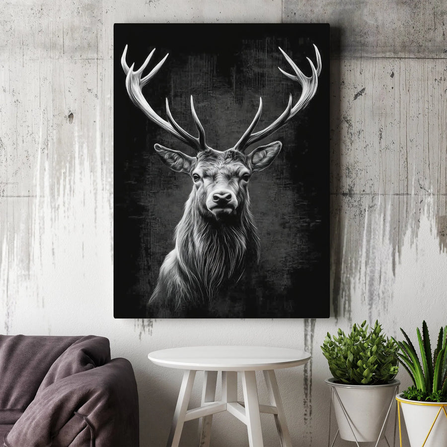 Majestic Stag Canvas Wall Art | Monochrome Deer Portrait | 1.25 Inch Premium Gallery Profile | Rustic Cabin Home Decor Gift