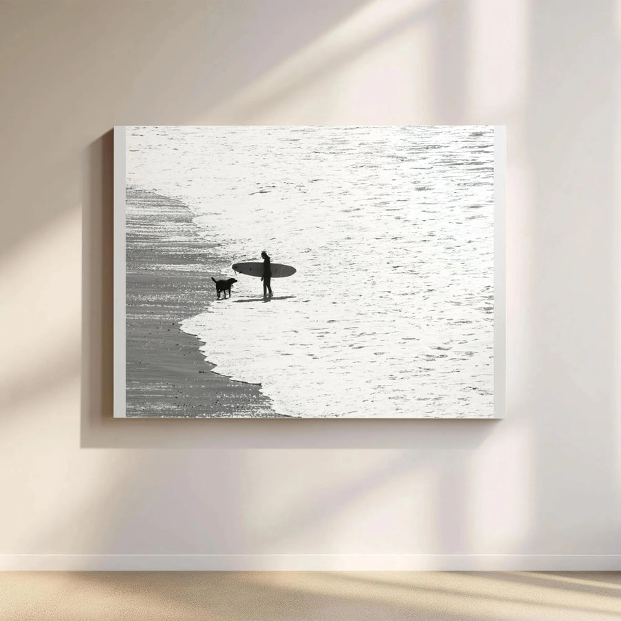Surfer and Dog Canvas Print | Minimalist Black and White Beach Photography | Premium Gallery Wrap Canvas | Coastal Wall Art Gift for Surfers