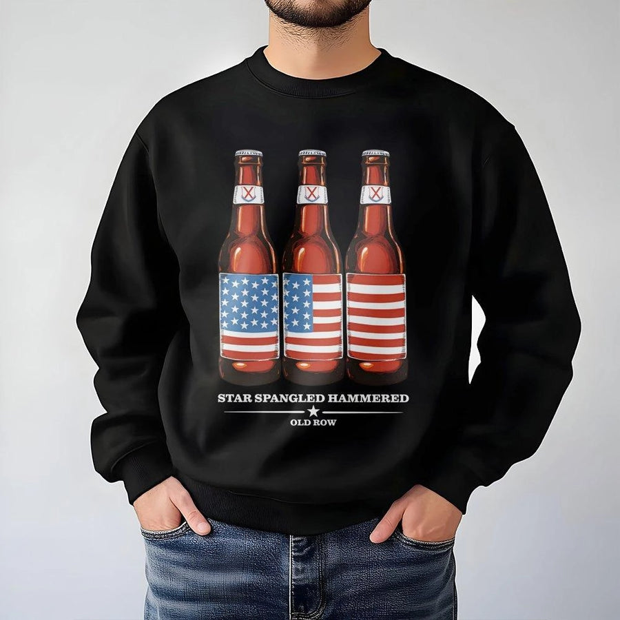 Star Spangled Hammered Sweatshirt | Beer Bottle US Flag Graphic | Premium Cotton Blend | Funny Patriotic Party Gift for Him and Her