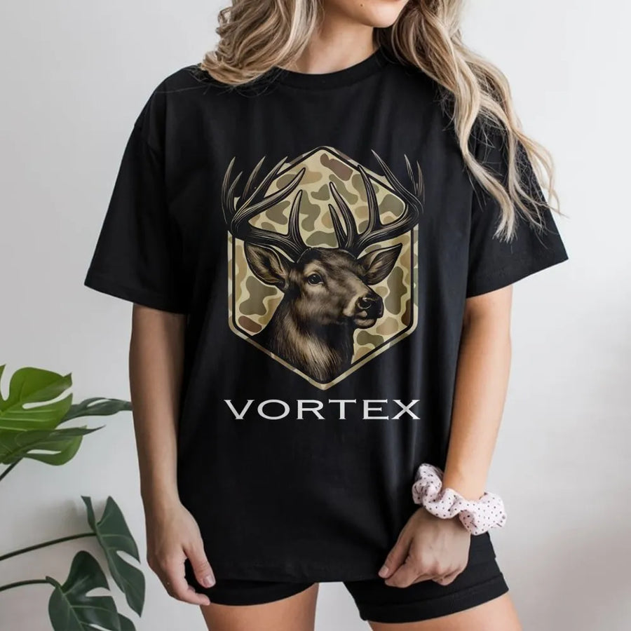 Whitetail Deer Hunting T-Shirt | Camo Shield Wildlife Graphic | Premium Soft Cotton | Gift For Hunters And Outdoor Enthusiasts