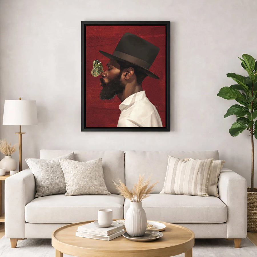 Black Man Portrait Canvas Art | Bearded Gentleman With Butterfly Print | Premium Gallery Wrap Wall Decor | Modern Afrocentric Living Room Gift