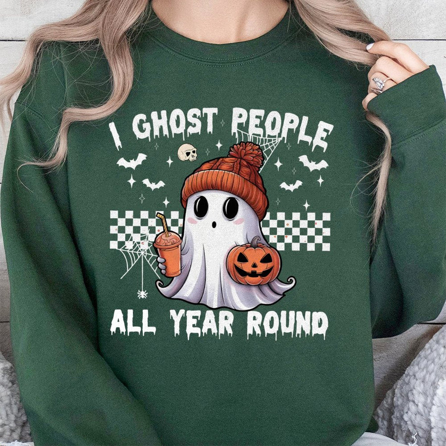 I Ghost People All Year Round Sweatshirt | Cute Spooky Ghost Graphic Hoodie | Premium Cotton Blend Crewneck | Halloween Gift For Her