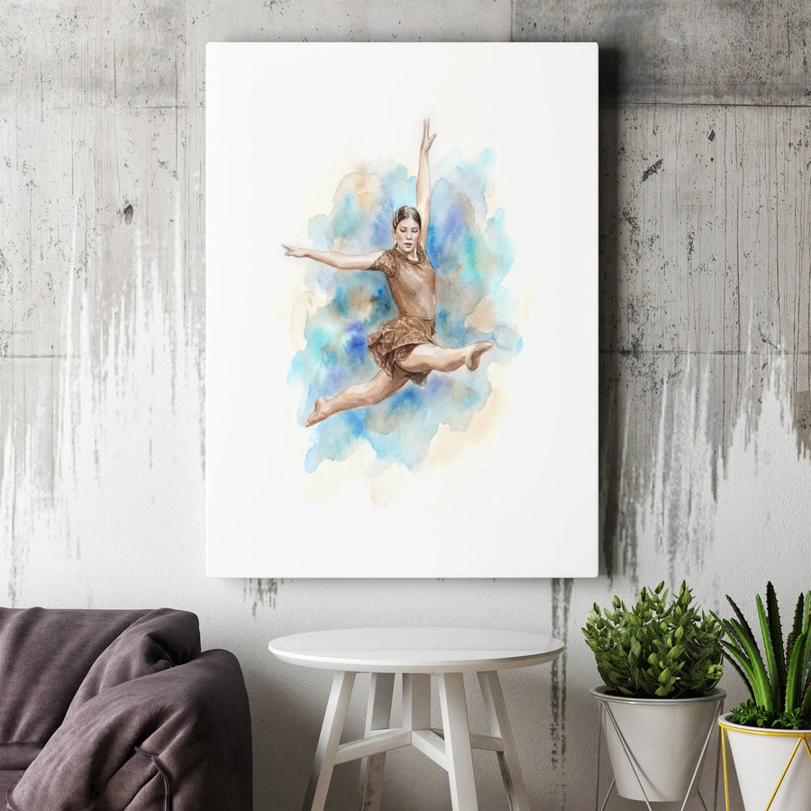 Watercolor Ballerina Wall Art | Leaping Female Dancer Print | Premium Gallery Wrapped Canvas | Elegant Dance Studio Decor Gift