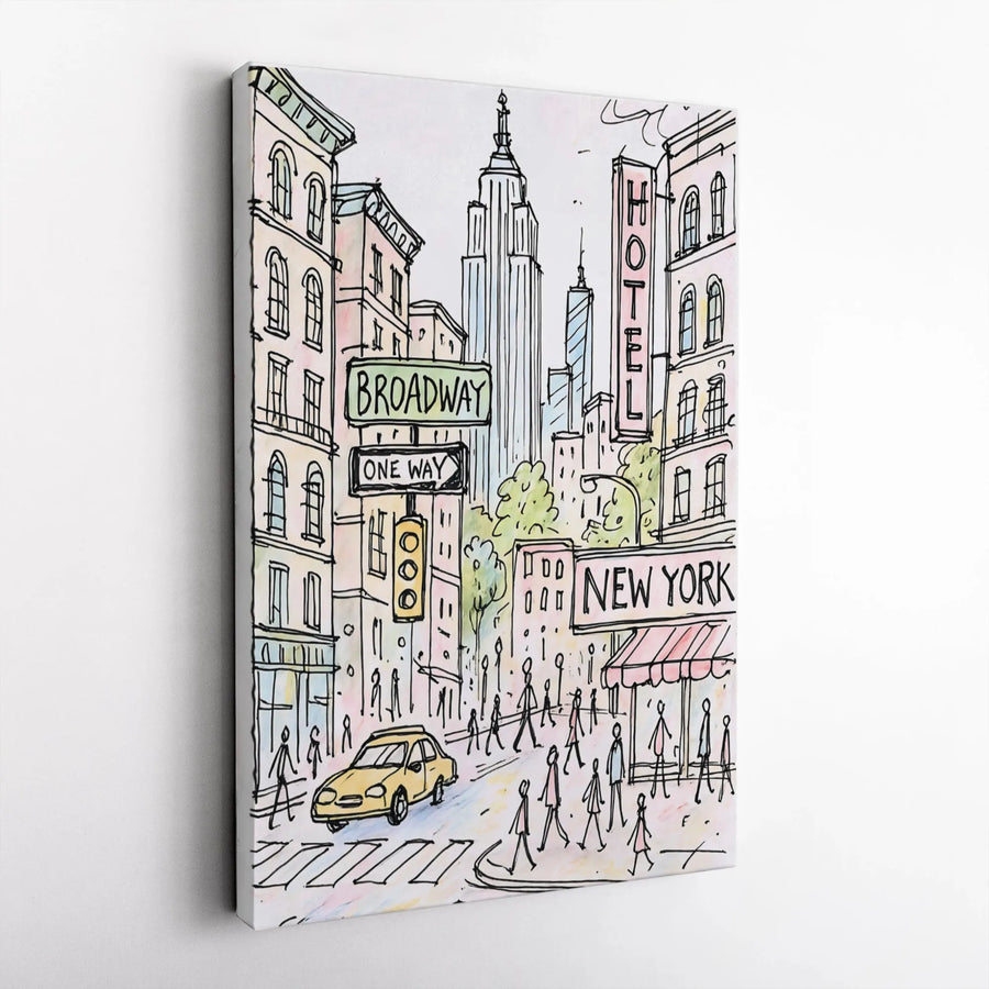 New York City Canvas Print | Broadway Sketch Street Scene | Premium 1.25" Gallery Wrap | Modern Home Office Decor Wall Art