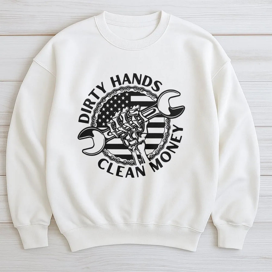 Dirty Hands Clean Money Sweatshirt | Patriotic Mechanic Flag Graphic | Premium Cotton Blend | Gift For Car Enthusiast and Skilled Tradesman