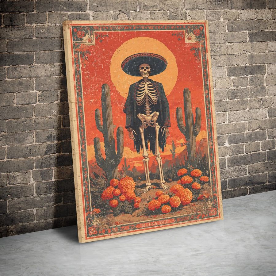 Dia De Los Muertos Wall Art | Vintage Skeleton Sombrero Marigold Canvas | Premium Gallery Wrap Decor | Mexican Folk Art Gift For Home