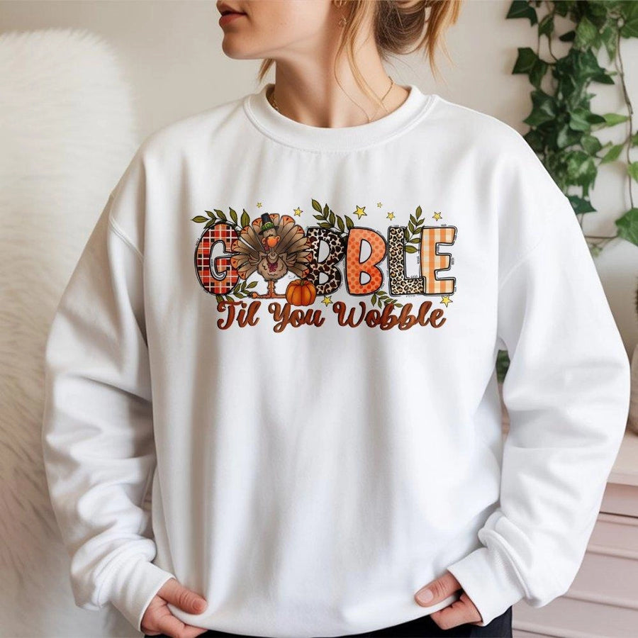 Gobble Til You Wobble Thanksgiving Sweatshirt | Cute Turkey Print Holiday Sweater | Premium Cotton Blend | Funny Turkey Day Gift for Family