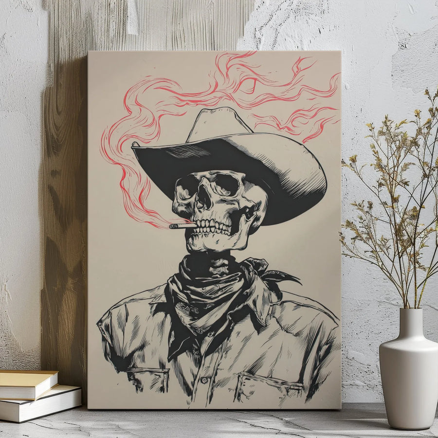 Skeleton Cowboy Canvas Wall Art | Smoking Skull Western Decor | Premium Gallery Wrap Print | Edgy Gothic Home Office Gift