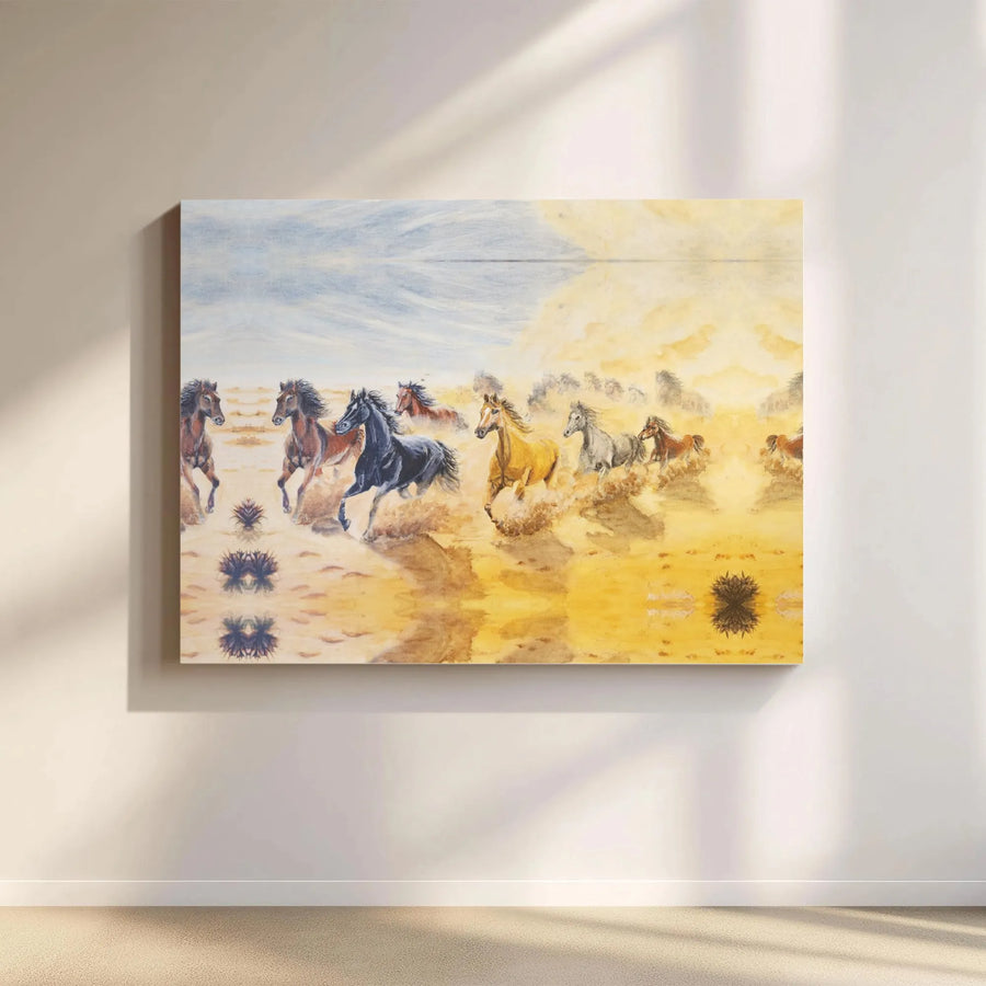 Wild Horses Canvas Wall Art | Galloping Desert Stallions Landscape | Premium Gallery Wrapped Print | Western Home Decor Gift