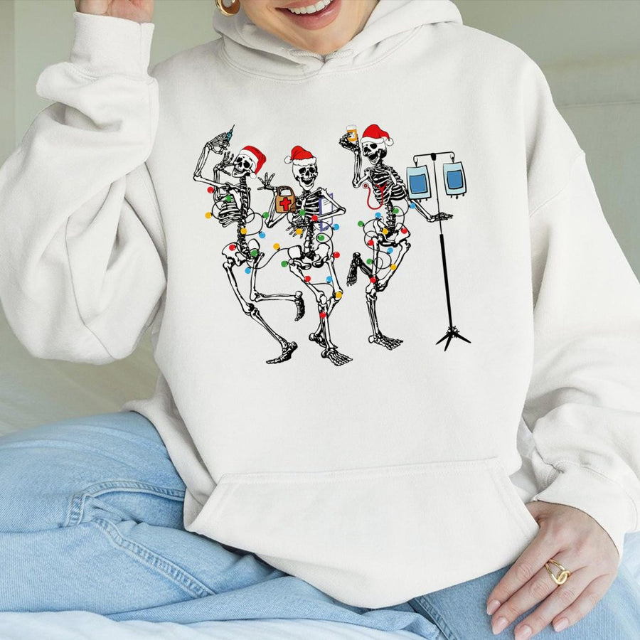 Christmas Nurse Hoodie | Dancing Skeleton Medical Staff Graphic | Premium Cotton Blend | Funny Holiday Gift for Nurses and Healthcare Workers