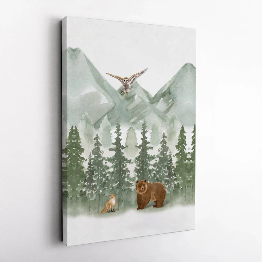 Watercolor Forest Animals Canvas Wall Art | Bear Fox Owl Mountain Print | Gallery Wrap Premium Decor | Nursery & Home Wall Decor Gift