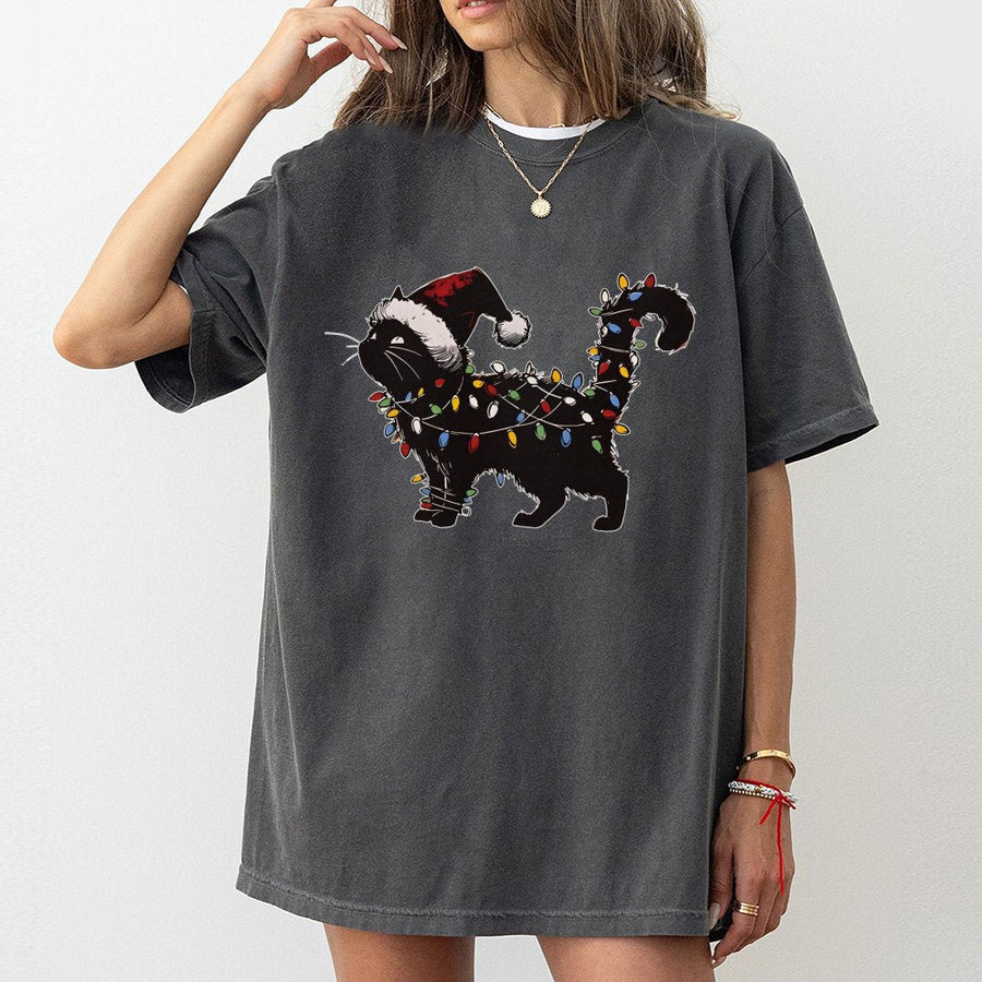 Christmas Cat T-Shirt | Black Kitten Wrapped In Holiday Lights Design | 100% Cotton Premium Tee | Funny Holiday Gift For Cat Lovers And Owners