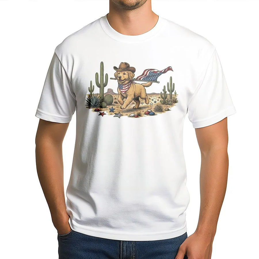 Patriotic Cowboy Dog T-Shirt | Funny Golden Retriever with USA Flag | Premium Soft Cotton Tee | 4th of July Gift for Dog Lovers