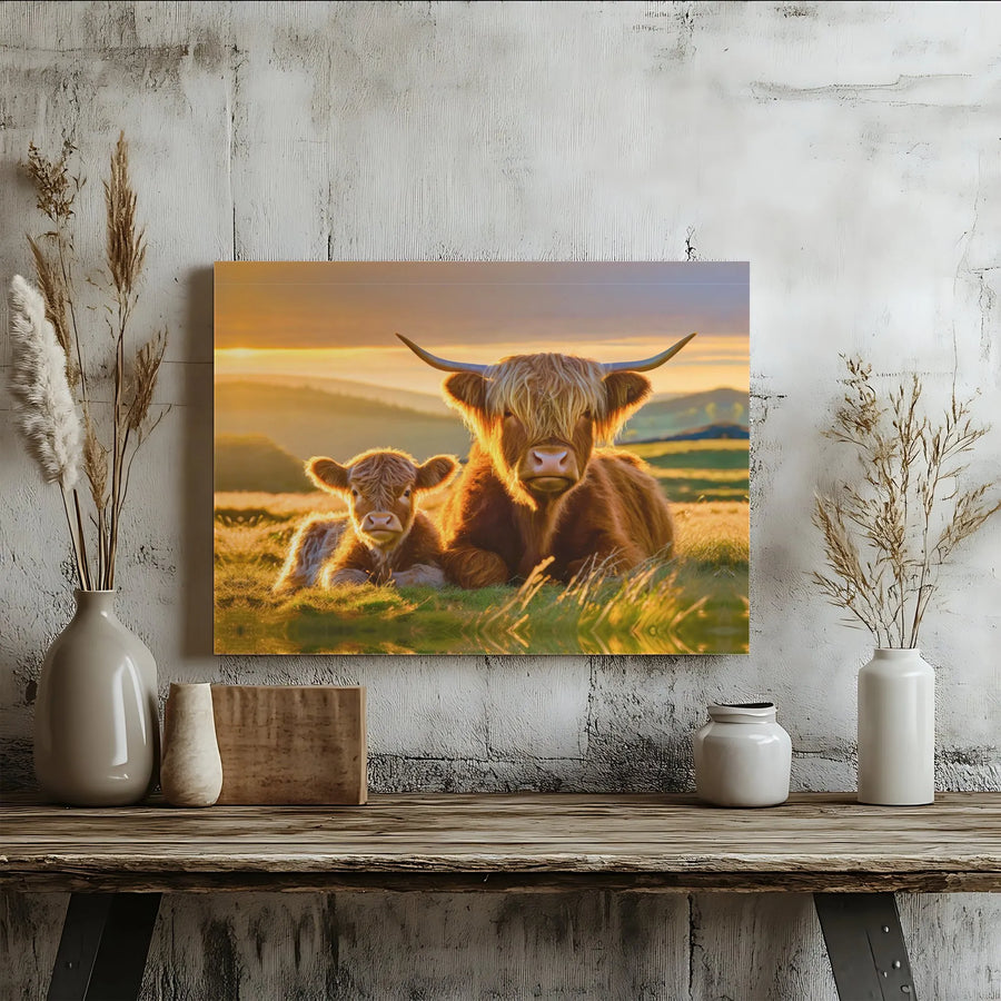 Highland Cow Canvas Print | Mother and Calf Sunrise Landscape | Premium Gallery Wrap Wall Art | Farmhouse Decor for Living Room Gift