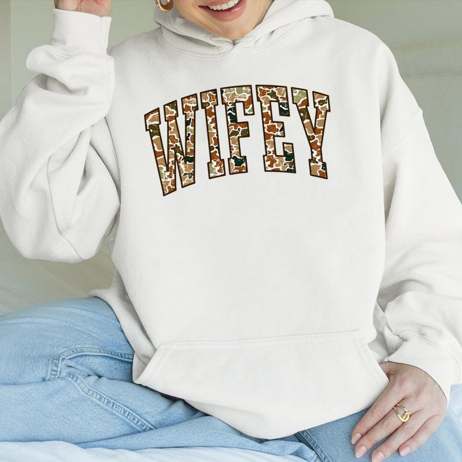 Wifey Camo Hoodie | Varsity Letter Print | Soft Cotton-Polyester Blend | Trendy Bridal Gift for Newlywed Women