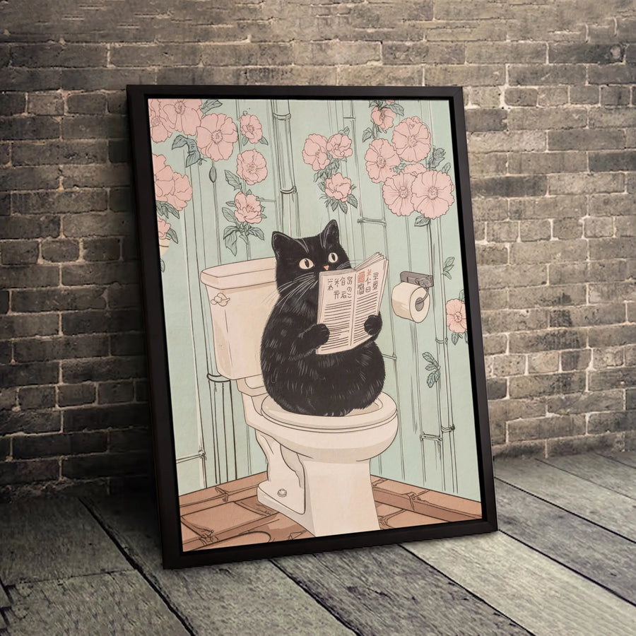 Black Cat Reading on Toilet Canvas Print | Quirky Japanese Ukiyo-e Style Wall Art | Premium Gallery Wrapped | Funny Bathroom Decor Gift for Cat Lovers