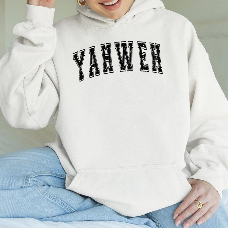 Yahweh Hoodie | Distressed Collegiate Letter Design | Soft Cotton-Blend Premium Quality | Religious Faith Gift For Men And Women