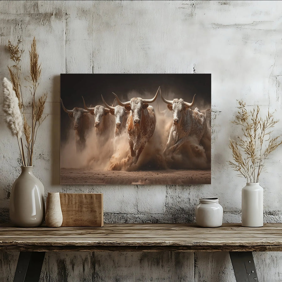 Texas Longhorn Stampede Canvas Art | Western Bull Herd Dust Wall Decor | Premium Gallery Wrap Print | Rustic Farmhouse Home Office Gift