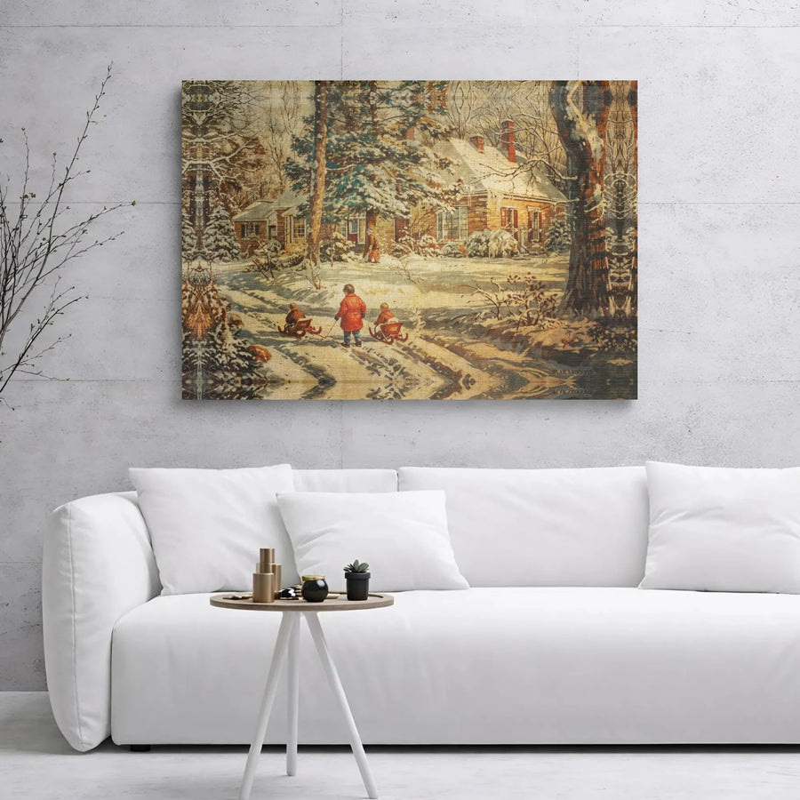 Vintage Winter Scene Canvas Print | Children Sledding by Snowy Cottage | 1.25 Inch Gallery Wrap | Nostalgic Christmas Wall Art for Home Decor