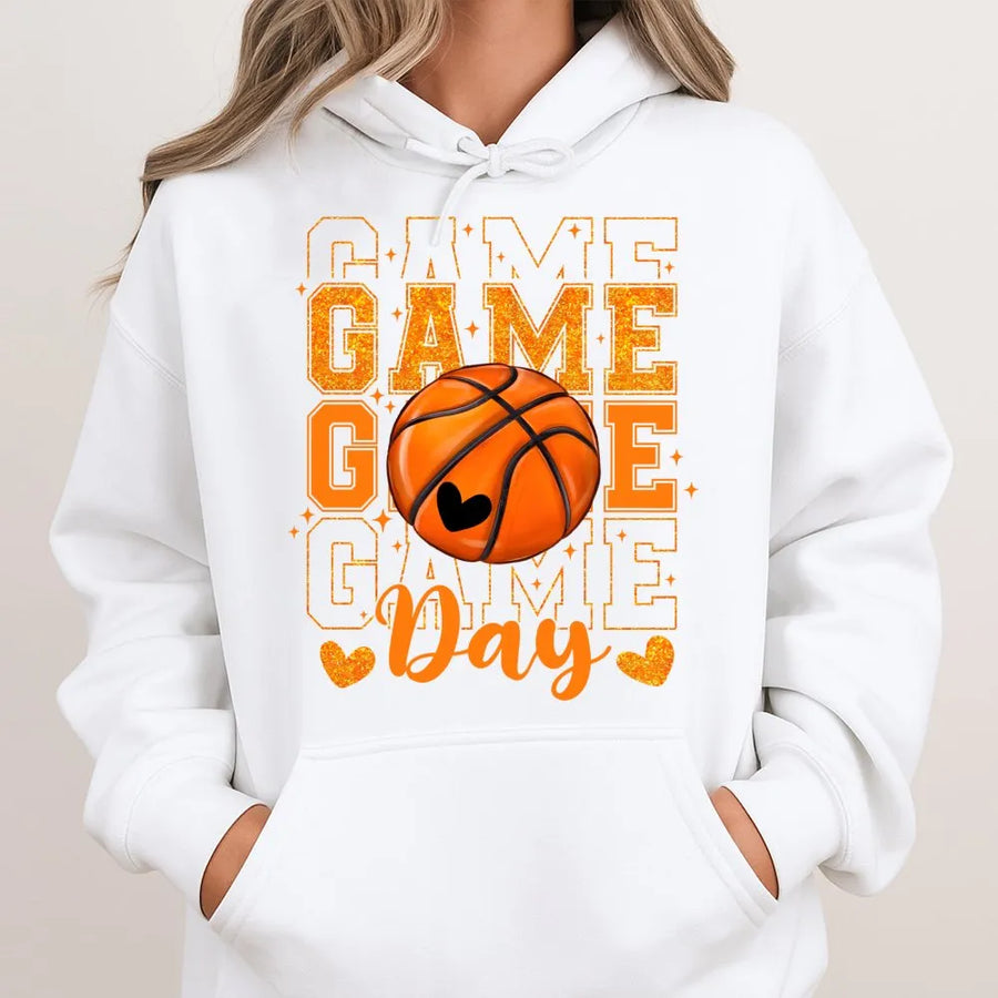 Basketball Game Day Hoodie | Glitter Basketball Graphic Print | Soft Cotton-Polyester Blend | Trendy Sports Mom Gift For Basketball Fans