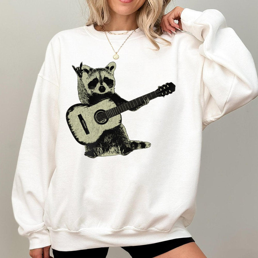Raccoon Playing Guitar Sweatshirt | Funny Folk Music Graphic | Cotton Blend Premium Crewneck | Unique Musician Gift for Men and Women