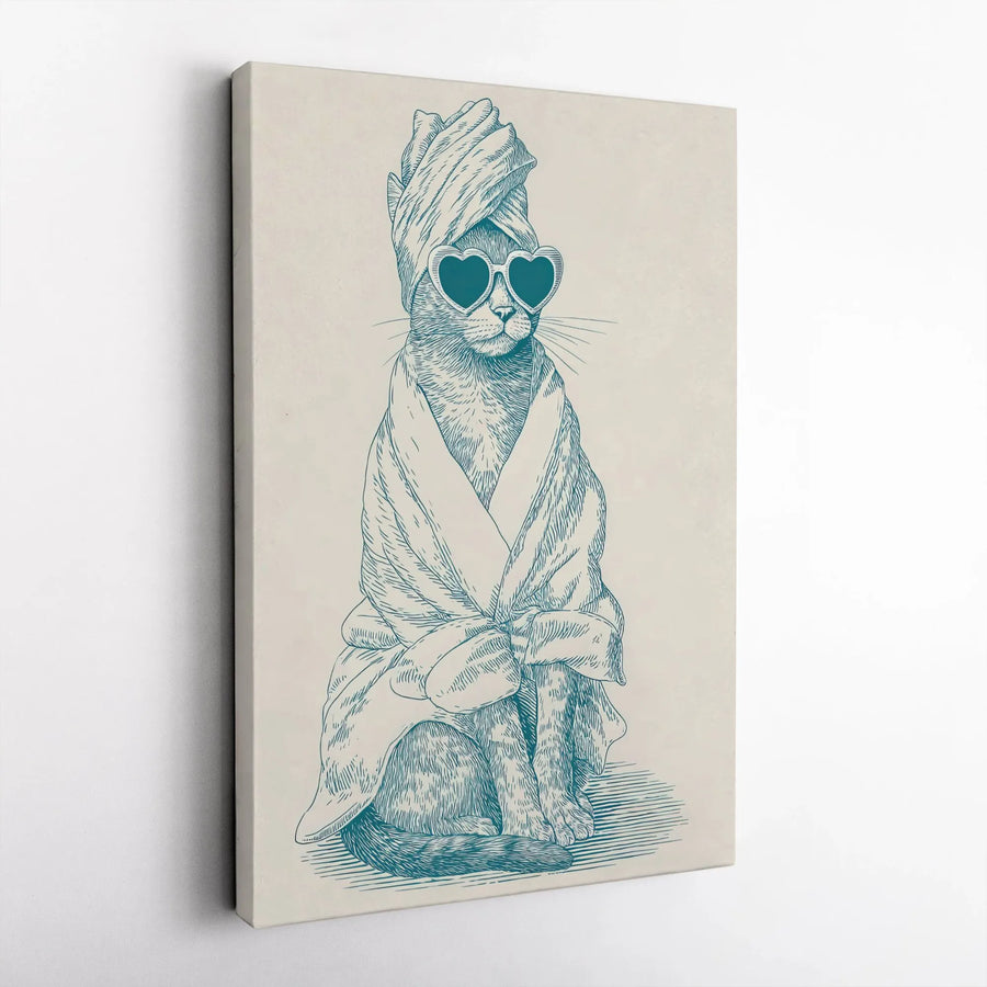 Spa Day Cat Wall Art | Funny Bathrobe and Heart Sunglasses Sketch | Premium Gallery-Wrap Canvas | Cute Bathroom Decor for Cat Lovers