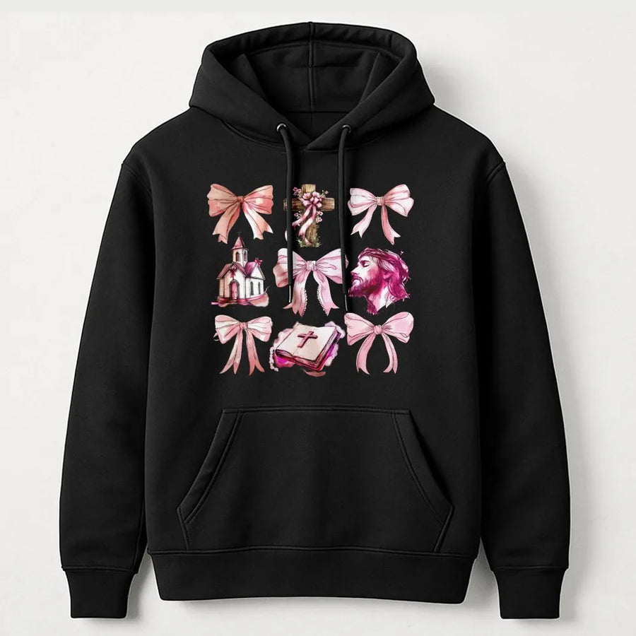 Jesus Coquette Bow Hoodie | Aesthetic Christian Faith Graphic | Cotton-Blend Comfort | Religious Gift for Her