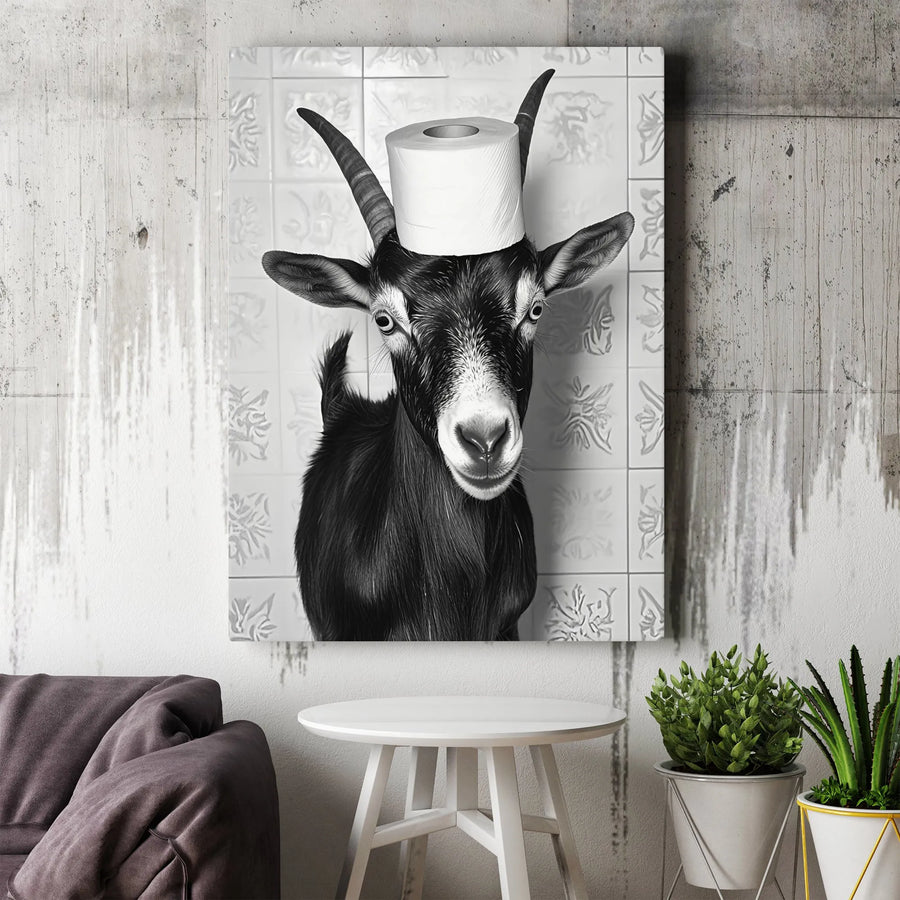Goat Bathroom Wall Art | Funny Toilet Paper Head Canvas Print | Modern Farmhouse Decor | Quirky Animal Portrait Gift