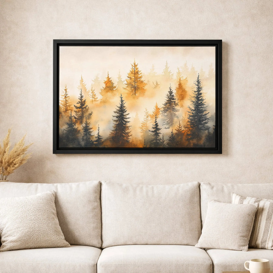 Misty Pine Forest Canvas Art | Watercolor Orange and Gray Landscape | Premium Gallery-Wrap Wall Decor | Nature Inspired Gift for Home Office