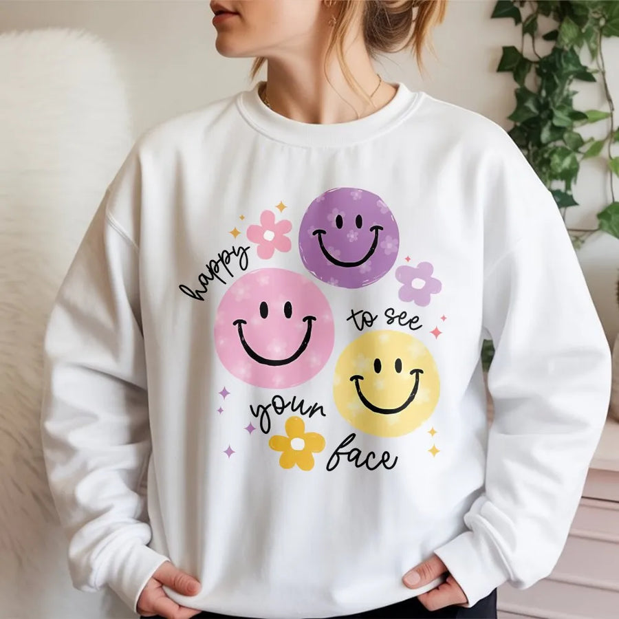 Teacher Appreciation Sweatshirt | Cute 'Happy To See Your Face' Smiley Graphic | Premium Soft Cotton Blend | Back to School Gift for New Teachers