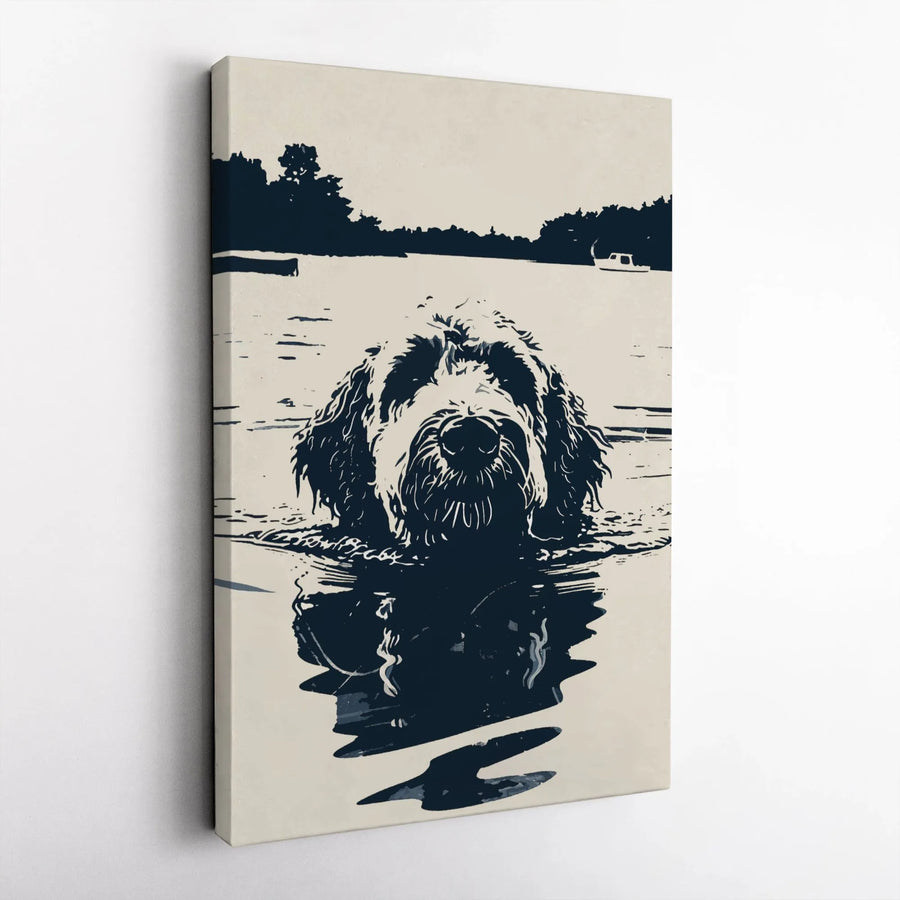 Shaggy Dog Canvas Wall Art | Minimalist Swimming Doodle Design | Premium Gallery Wrap Print | Modern Pet Lover Home Decor Gift