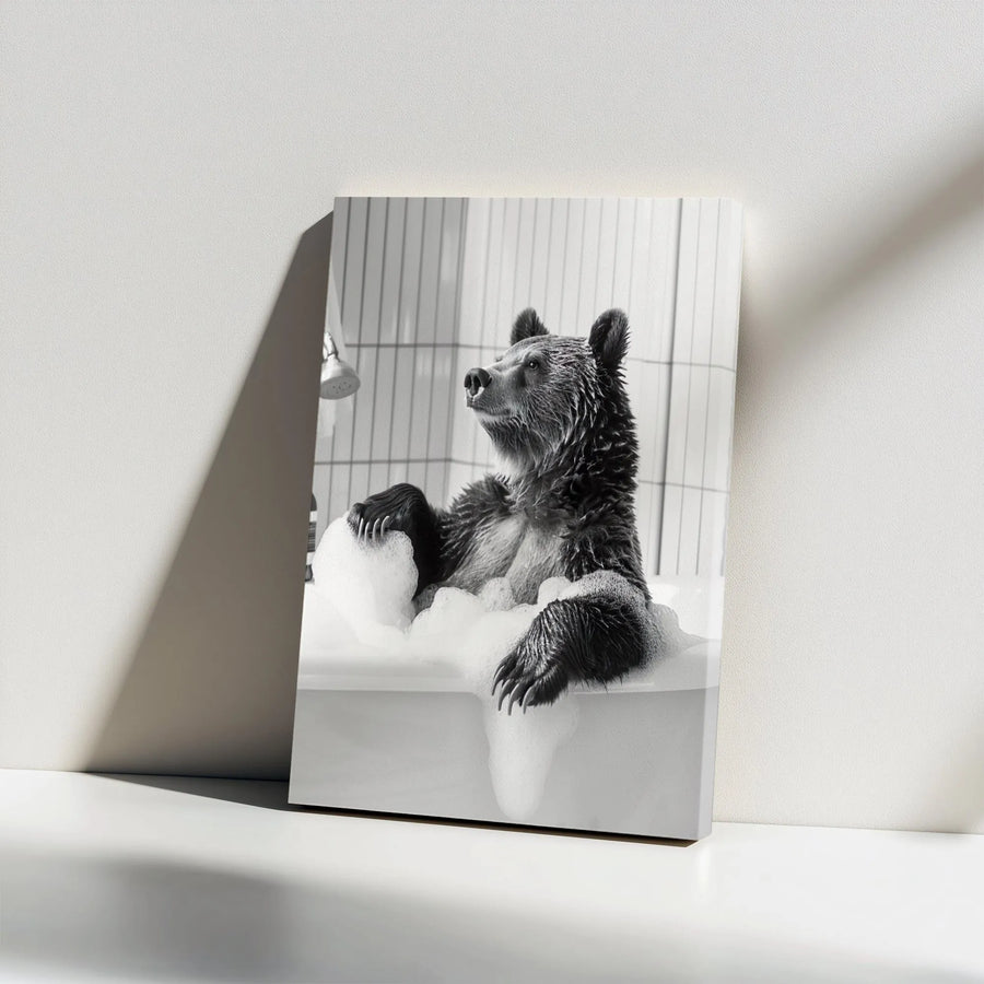 Grizzly Bear Bubble Bath Canvas Wall Art | Whimsical Bathroom Decor | Premium Gallery Wrapped Print | Funny Animal Home Gift
