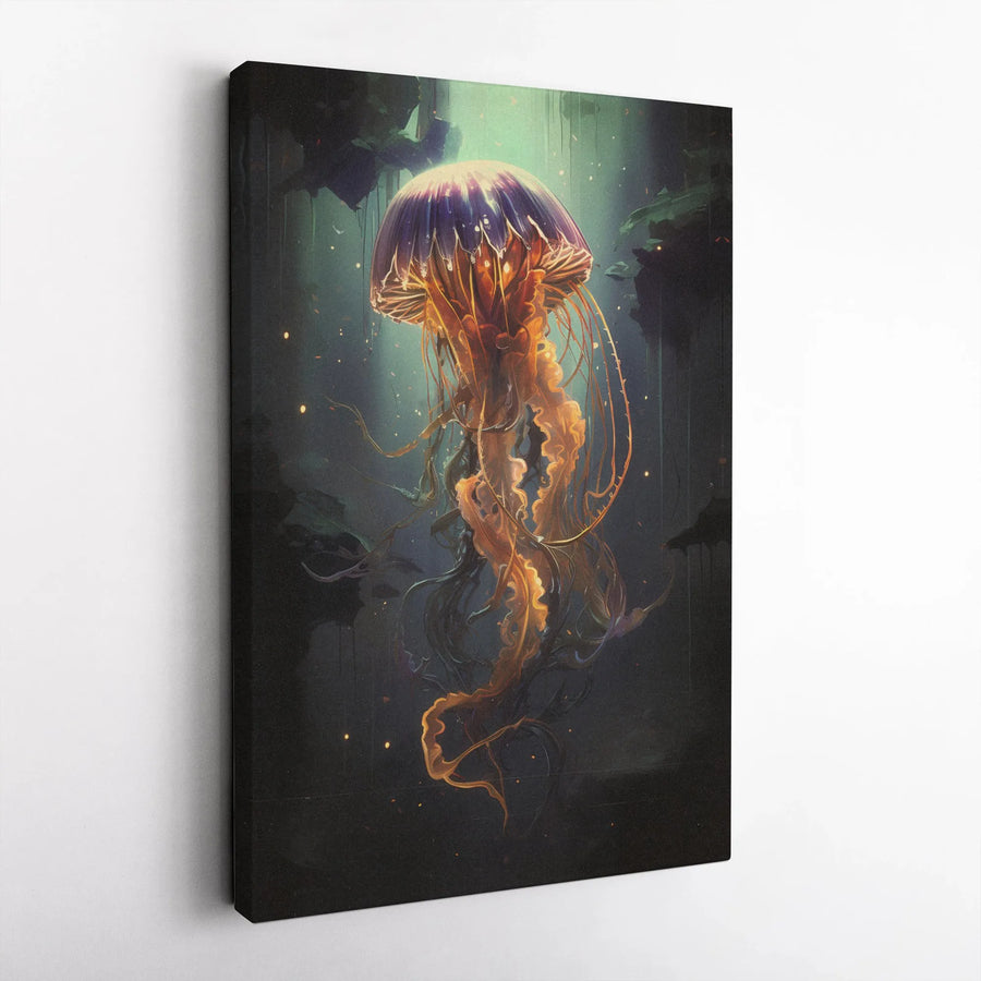 Glowing Jellyfish Canvas Wall Art | Bioluminescent Deep Sea Painting | Premium Gallery Wrapped Canvas | Moody Underwater Home Decor Gift