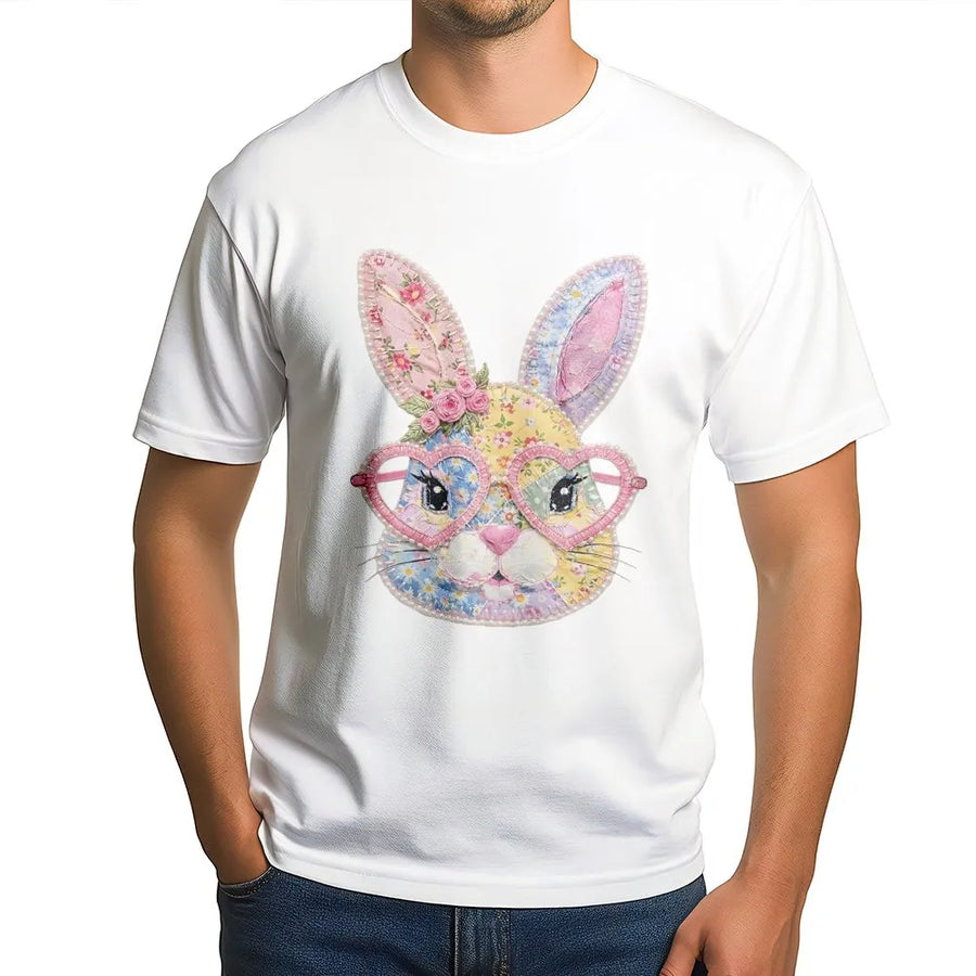 Floral Patchwork Easter Bunny T-Shirt | Heart Glasses Aesthetic Design | 100% Premium Cotton Tee | Cute Spring Holiday Gift for Women & Girls