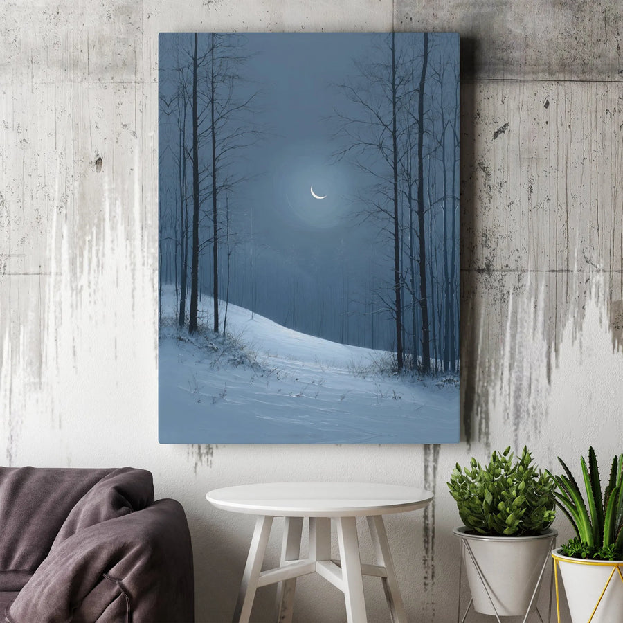 Winter Forest Canvas Wall Art | Crescent Moon Night Scene | Premium Gallery Wrap 1.25" Profile | Serene Landscape Decor For Living Room