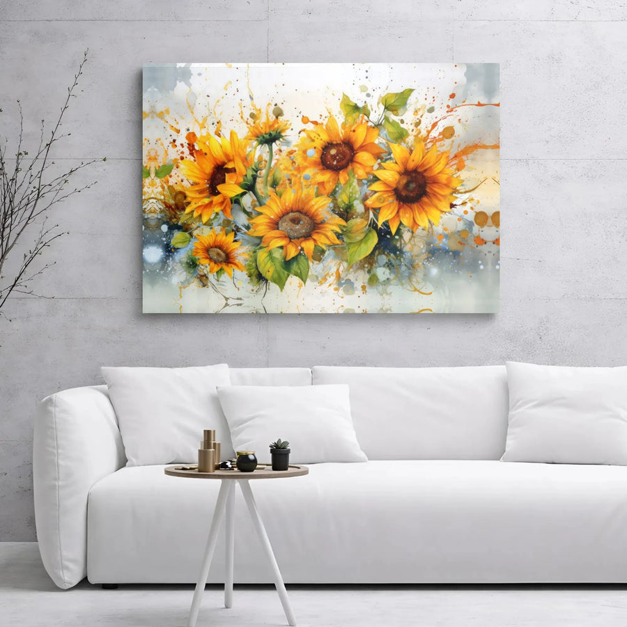 Sunflower Canvas Wall Art | Abstract Watercolor Floral Print | Premium Gallery Wrap Wooden Frame | Farmhouse Home Office Decor