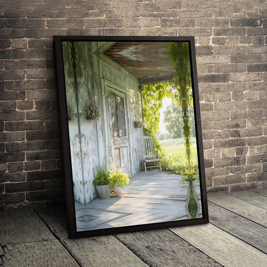 Rustic Farmhouse Porch Wall Art | Sunlit Countryside Cottage View with Rocking Chair | Gallery-Quality 1.25" Canvas | Home Decor for Farmhouse Living