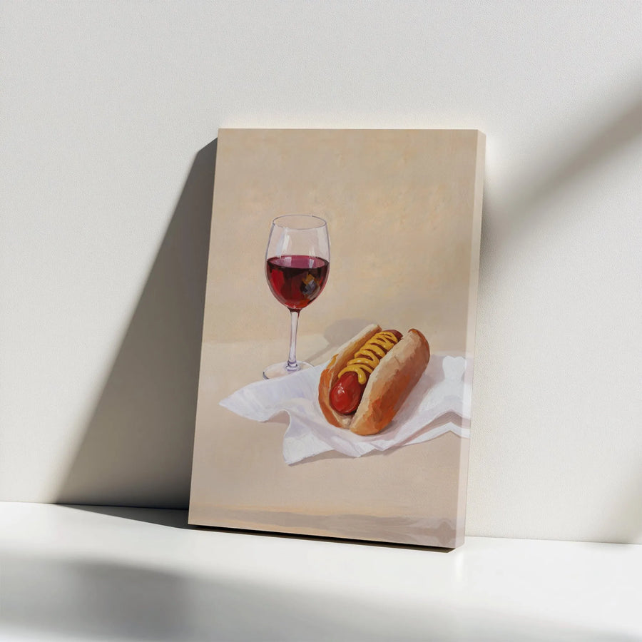 Hot Dog and Red Wine Still Life Canvas | Quirky Foodie Kitchen Art | Premium Gallery Wrapped Print | Unique Dining Room Decor Gift