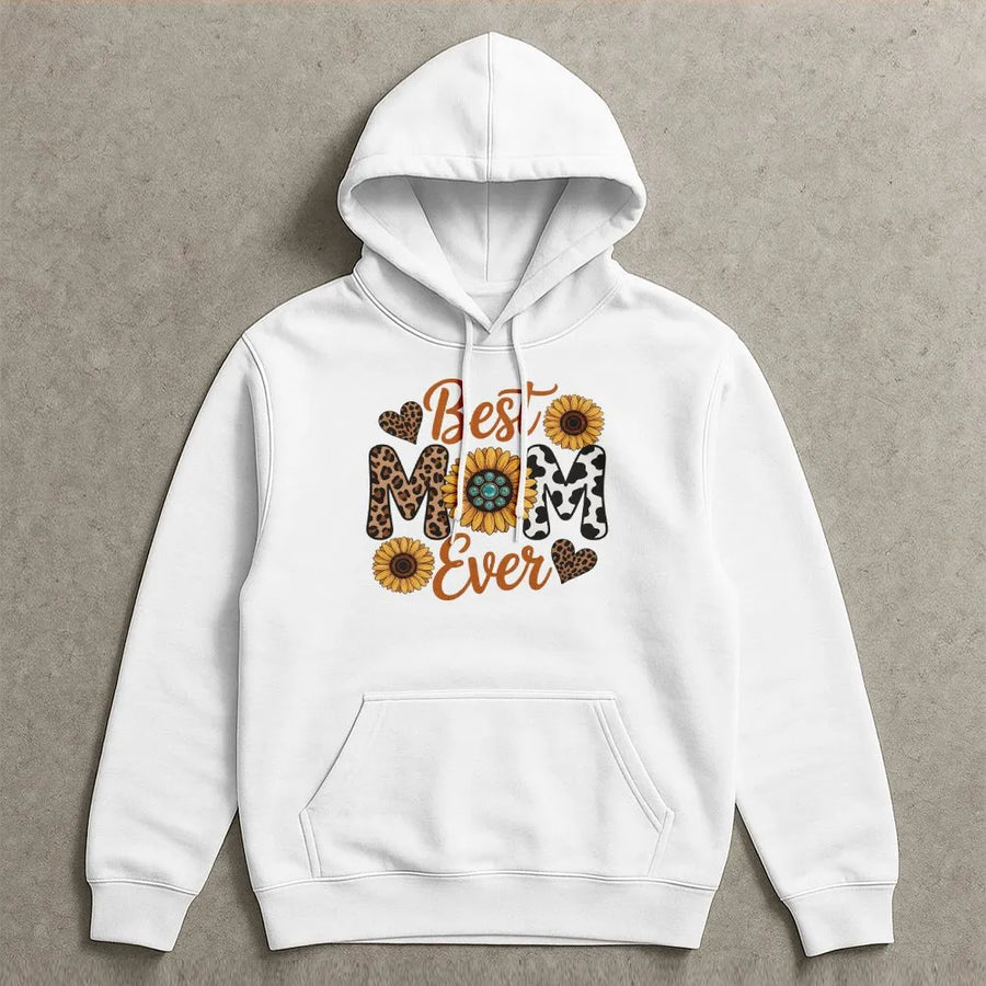 Best Mom Ever Hoodie | Western Sunflower & Leopard Print Mama Crewneck | Soft Cotton Blend Pullover | Cute Mother's Day Gift for Her