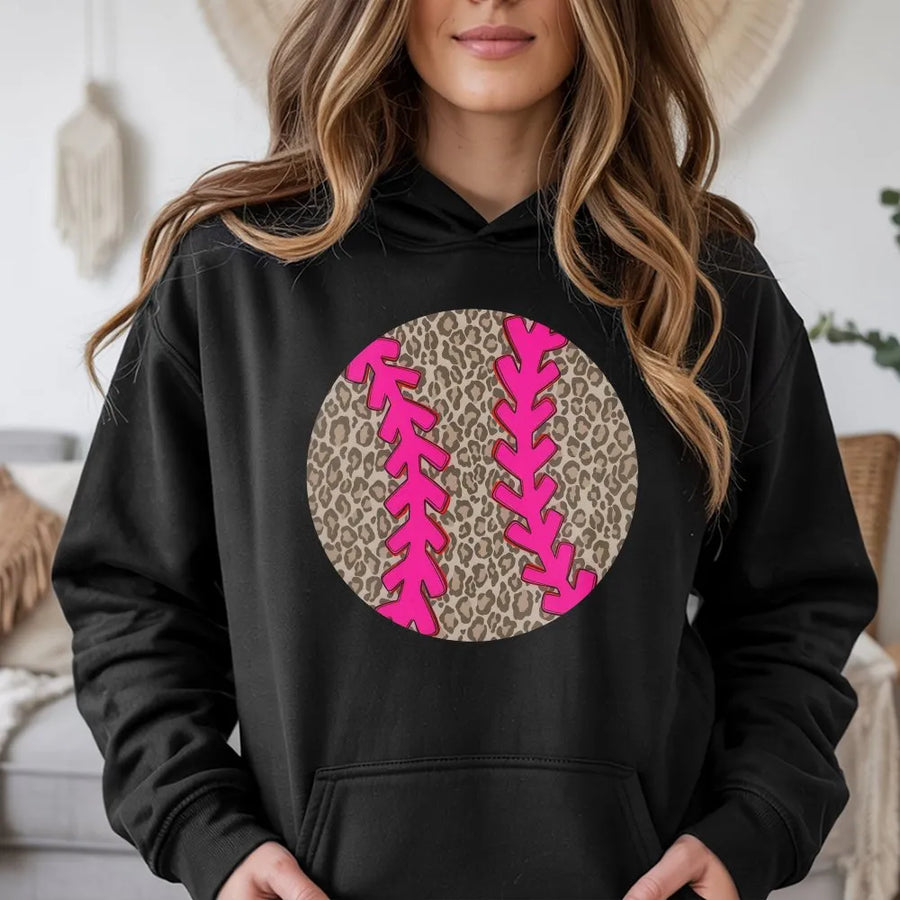 Leopard Print Baseball Hoodie | Cute Cheetah Ball Graphic with Pink Stitching | Premium Soft Cotton Blend | Game Day Gift for Mom